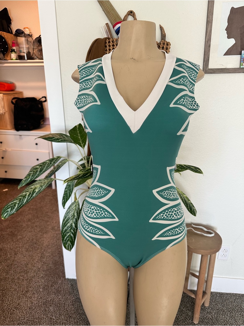Seea Teal One-Piece Swimsuit with White V-Neck Trim